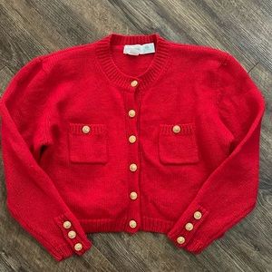 Vintage 100% Wool Red Cardigan with Gold Buttons